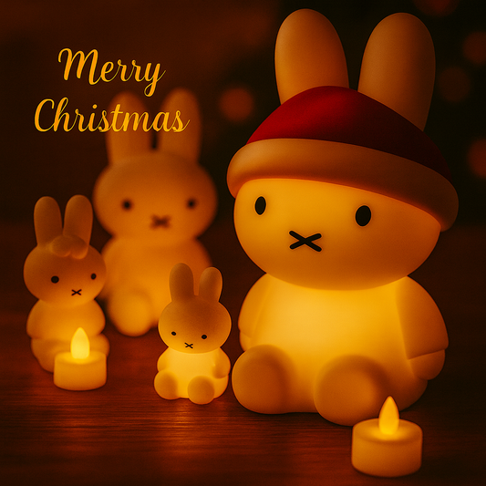Decorative rabbit lights with a 'Merry Christmas' text on a warm-toned background.