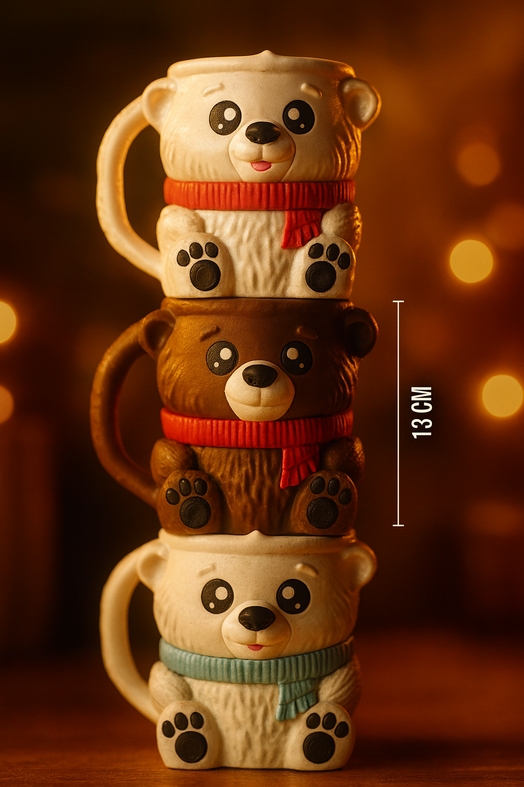 Stack of three bear-shaped mugs or ice cream pint holders with scarves on a warm background