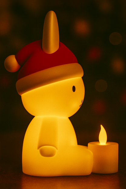 Cute character wearing a Santa hat with a lit candle on a dark background