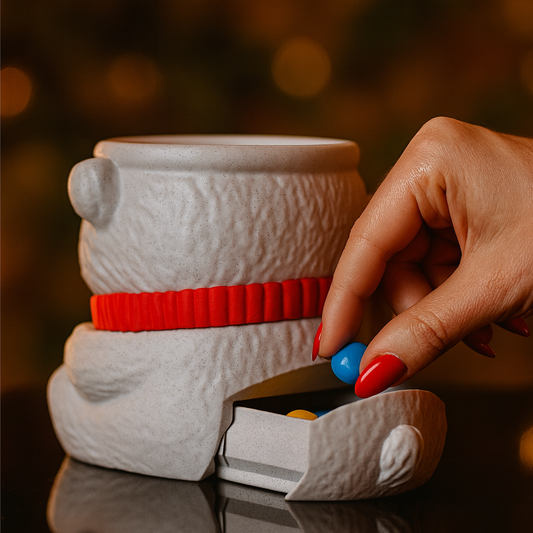Person interacting with an ice cream pint holder resembling a bear with a red collar, set against a blurred warm-toned background.