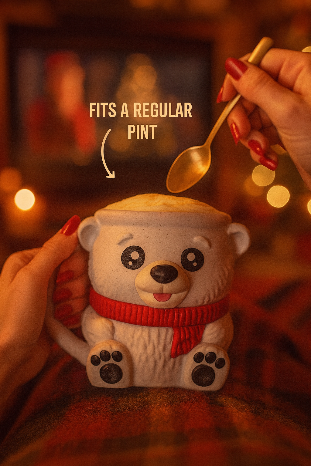 Polar bear-shaped mug  or ice cream pint holder with a spoon being inserted, surrounded by warm lighting.