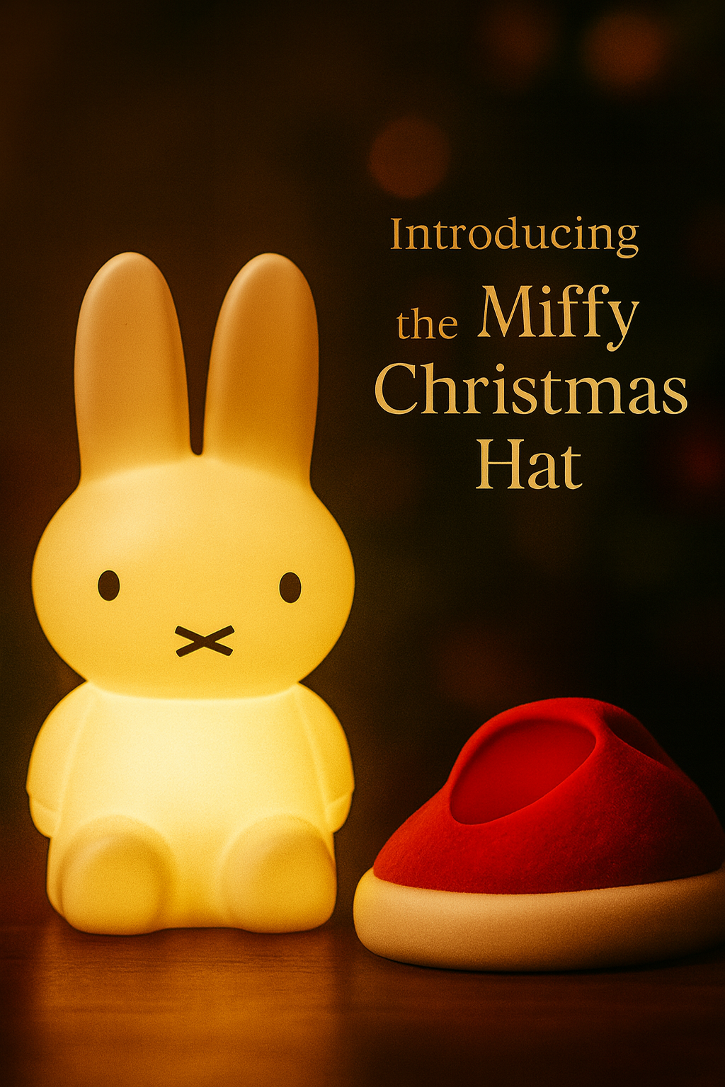 Light-up rabbit figure with a red Christmas hat on a dark background