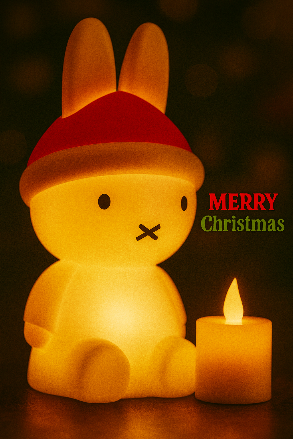 Cute rabbit-shaped night light with a red hat next to a candle on a dark background, with 'Merry Christmas' text.