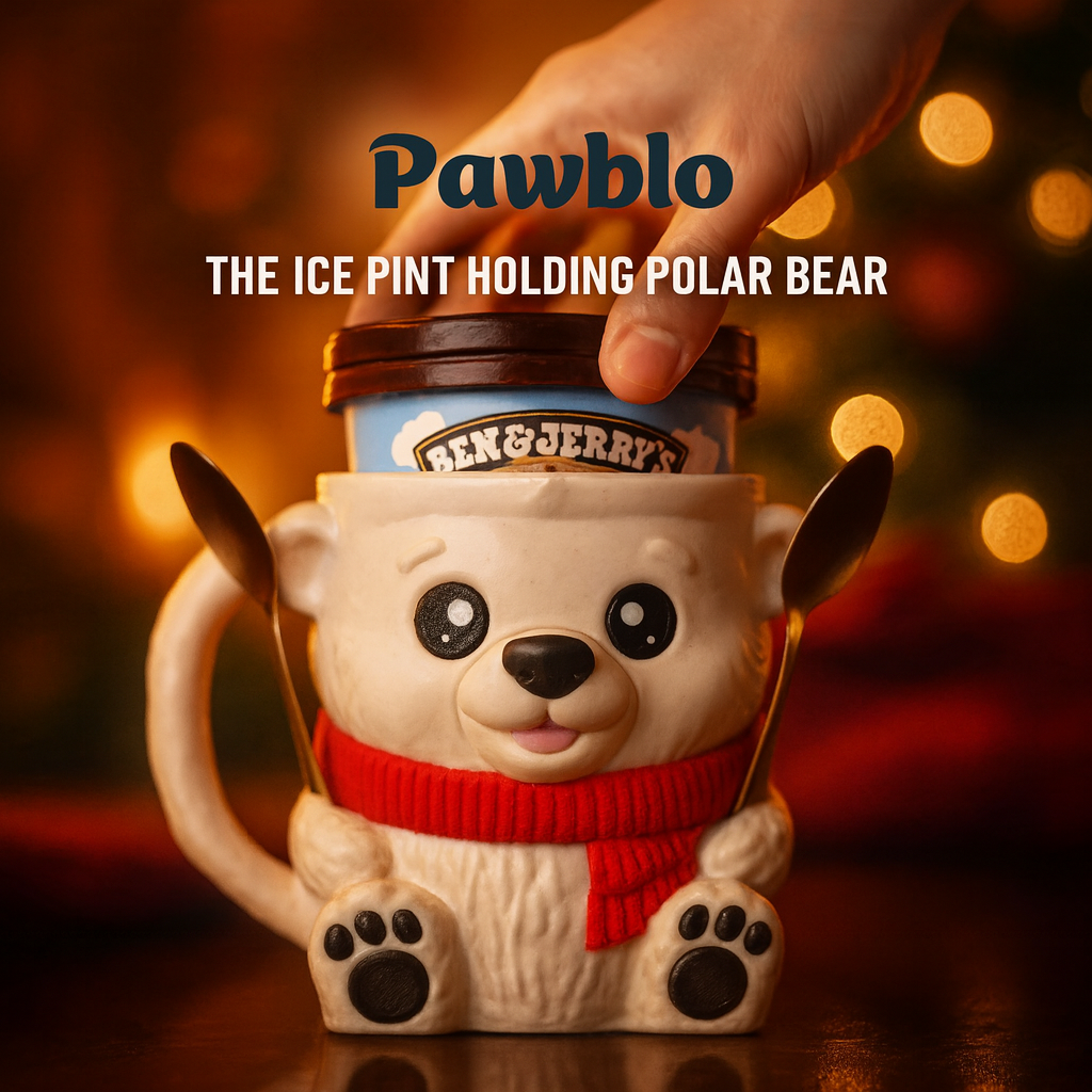 Polar bear mug or ice cream pint holder with a hand holding a Ben & Jerry's pint, branded 'Pawblo'.