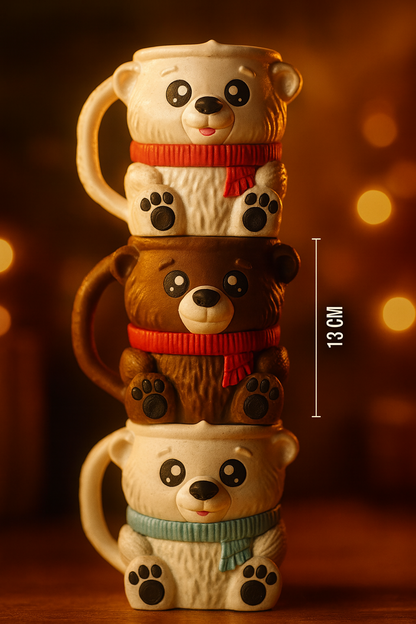 Stack of three bear-shaped mugs  or ice cream pint holders with scarves on a warm background